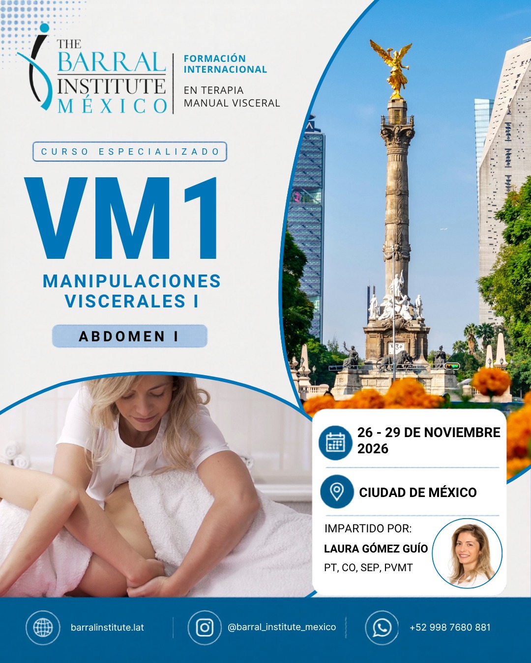 Flyer del curso presencial VM1 – Manipulaciones Viscerales I · Abdomen I en Ciudad de México, impartido por Laura Gómez Guío · The Barral Institute