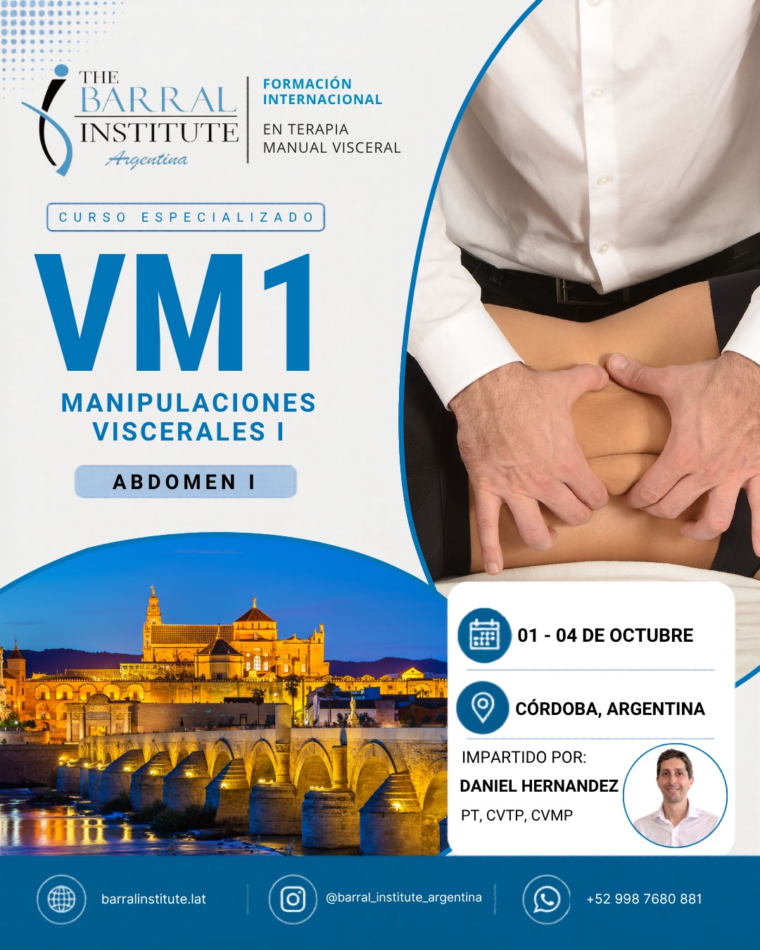 Flyer del curso presencial VM1 – Manipulaciones Viscerales I · Abdomen I en Córdoba, Argentina, impartido por Daniel Hernández · The Barral Institute Argentina