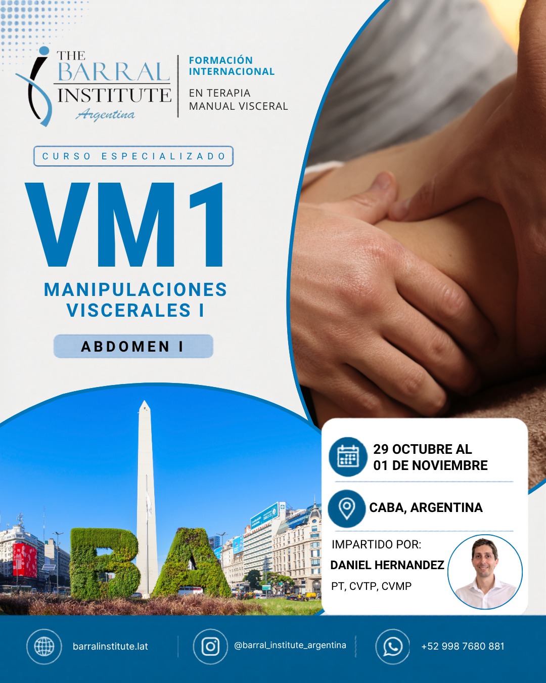 Flyer del curso presencial VM1 – Manipulaciones Viscerales I · Abdomen I en CABA, Argentina, impartido por Daniel Hernández · The Barral Institute Argentina